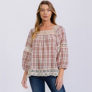 Easel Plaid Crochet Trim Women's Top